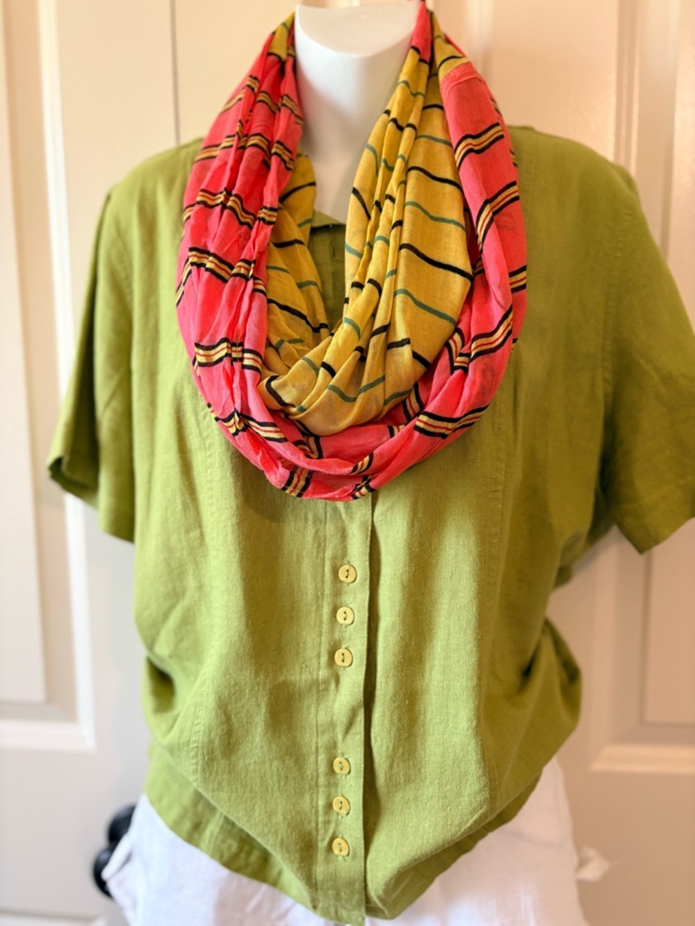 Lime green linen top with infinity scarf, size XL